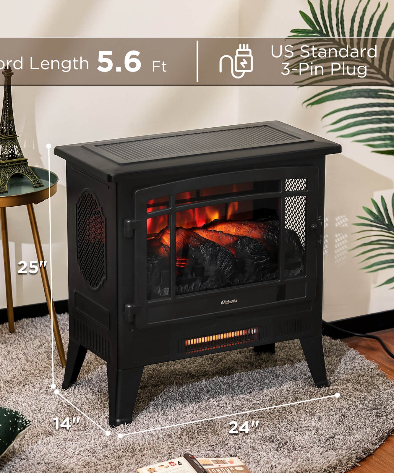 Suburbs TS25 Smart Electric Fireplace Stove Heater, WiFi Enabled