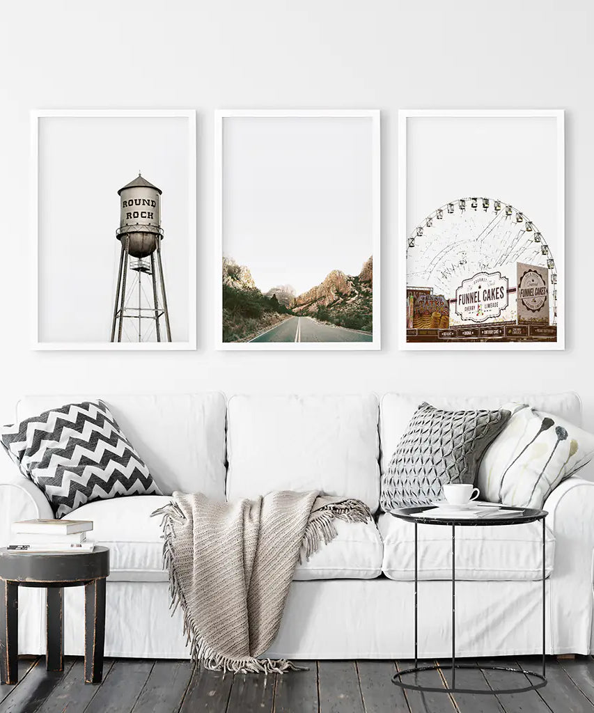 Texas Travel Set of 3 Prints. Water Tower, Ferris Wheel, Road