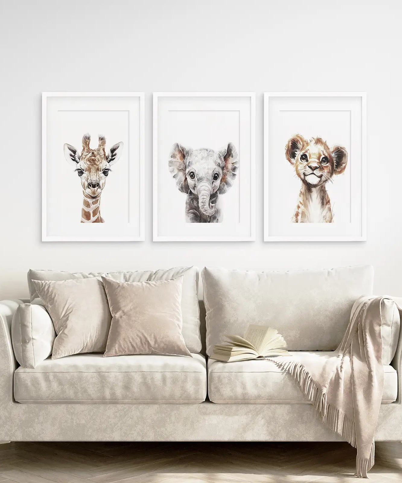 Süßes 3er Set Dschungeltiere Wandbilder als Aquarell