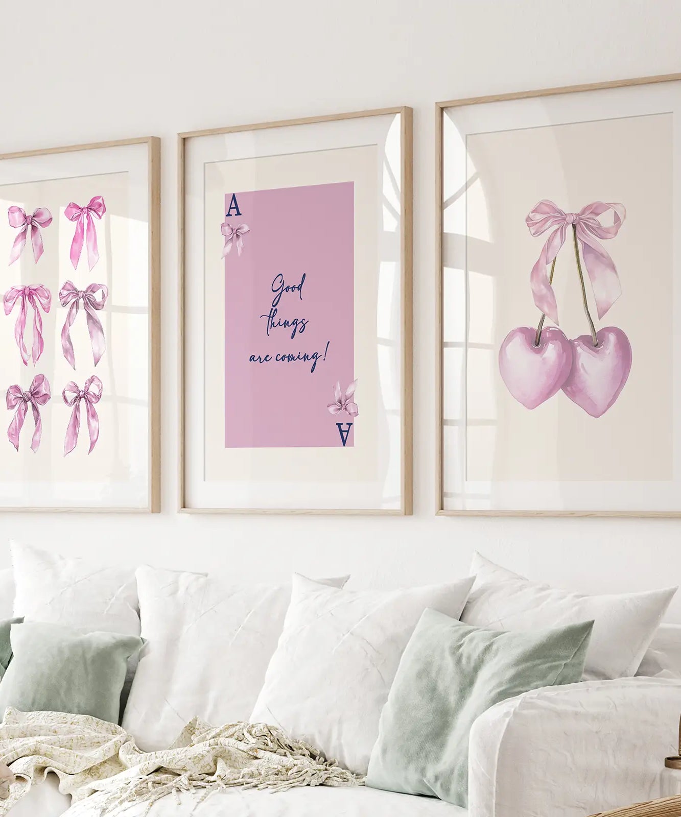 Trendy Pink Bows Wall Art Girly Print Decor Set