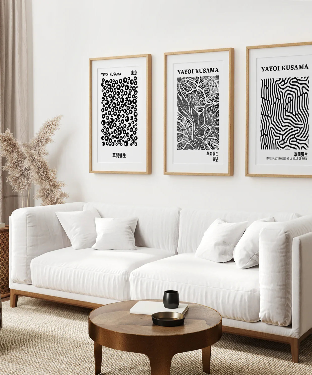 Schwarz-Weißes 3-teiliges abstraktes Kusama-Kunstset