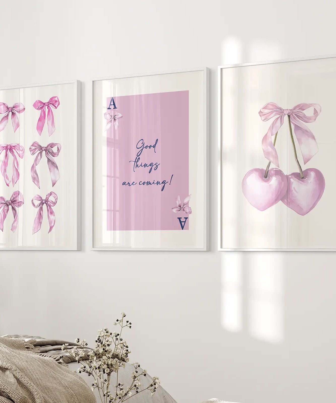 Trendy Pink Bows Wall Art Girly Print Decor Set