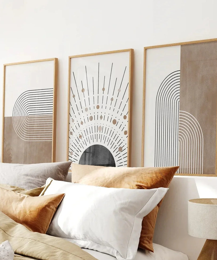 Trendiges Mid Century Stil 3er-Set Kunstdrucke. Boho-Kunst