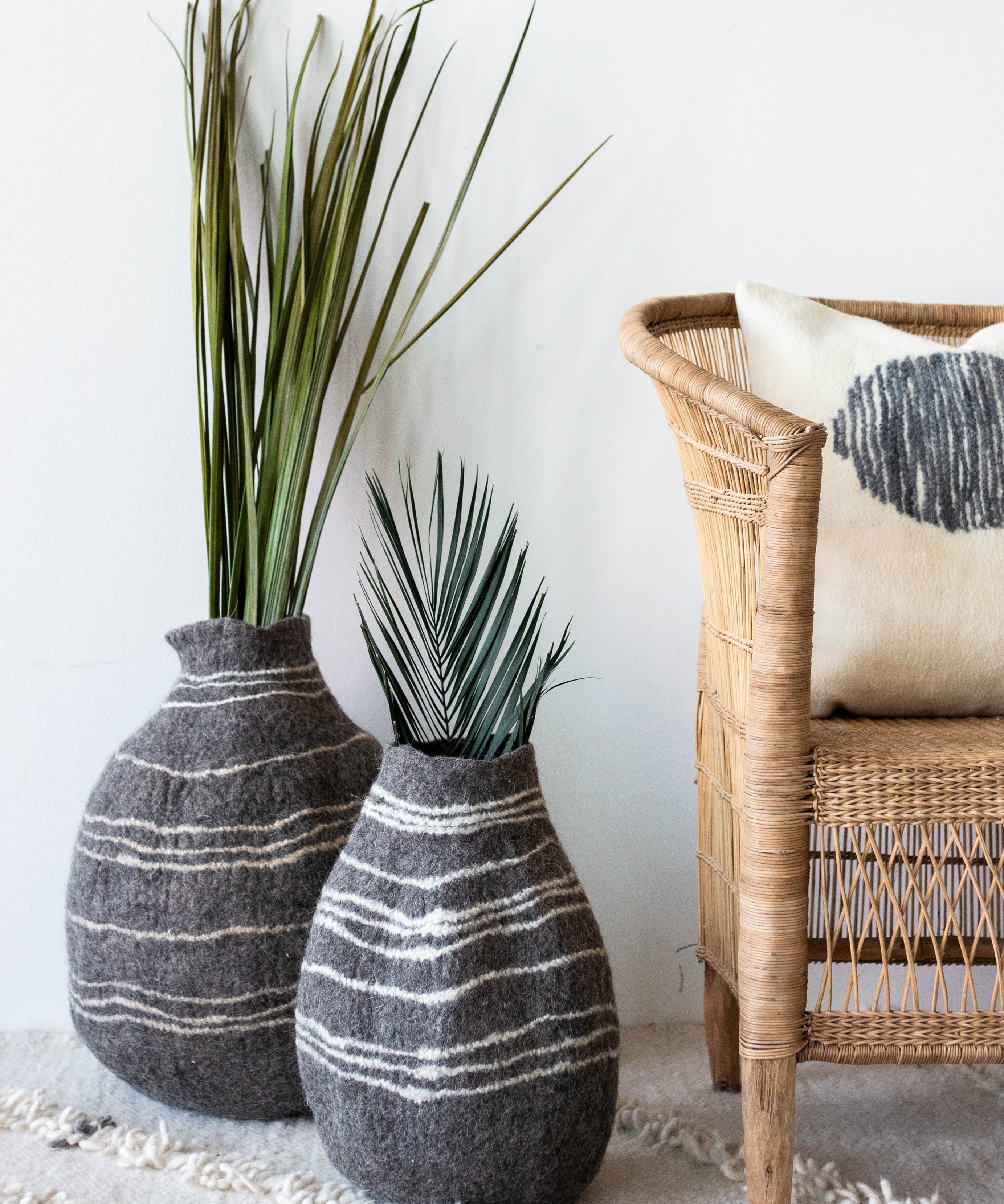 Tribal Lines Grey Hand-Felted Wool Gourd Basket