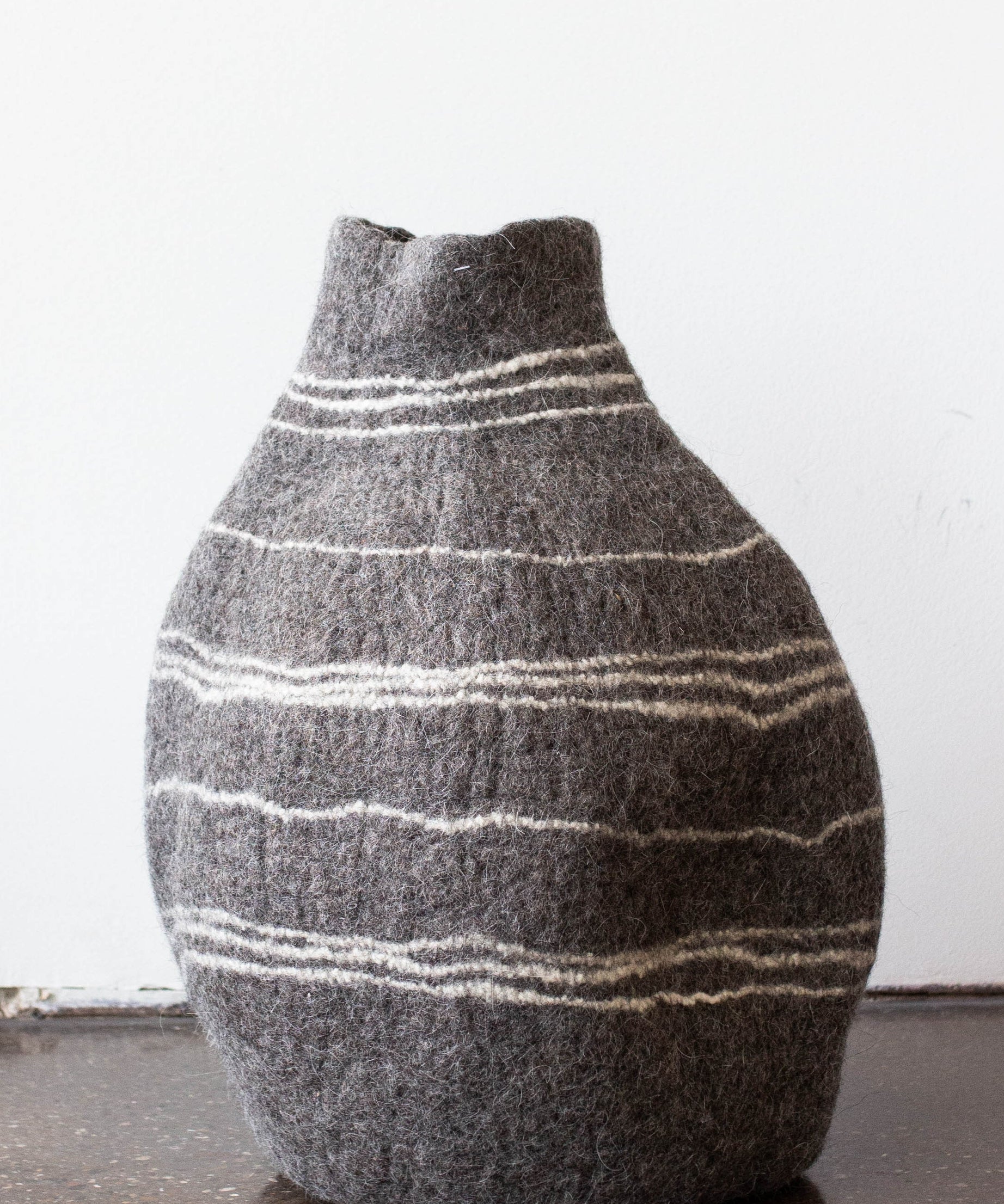 Tribal Lines Grey Hand-Felted Wool Gourd Basket