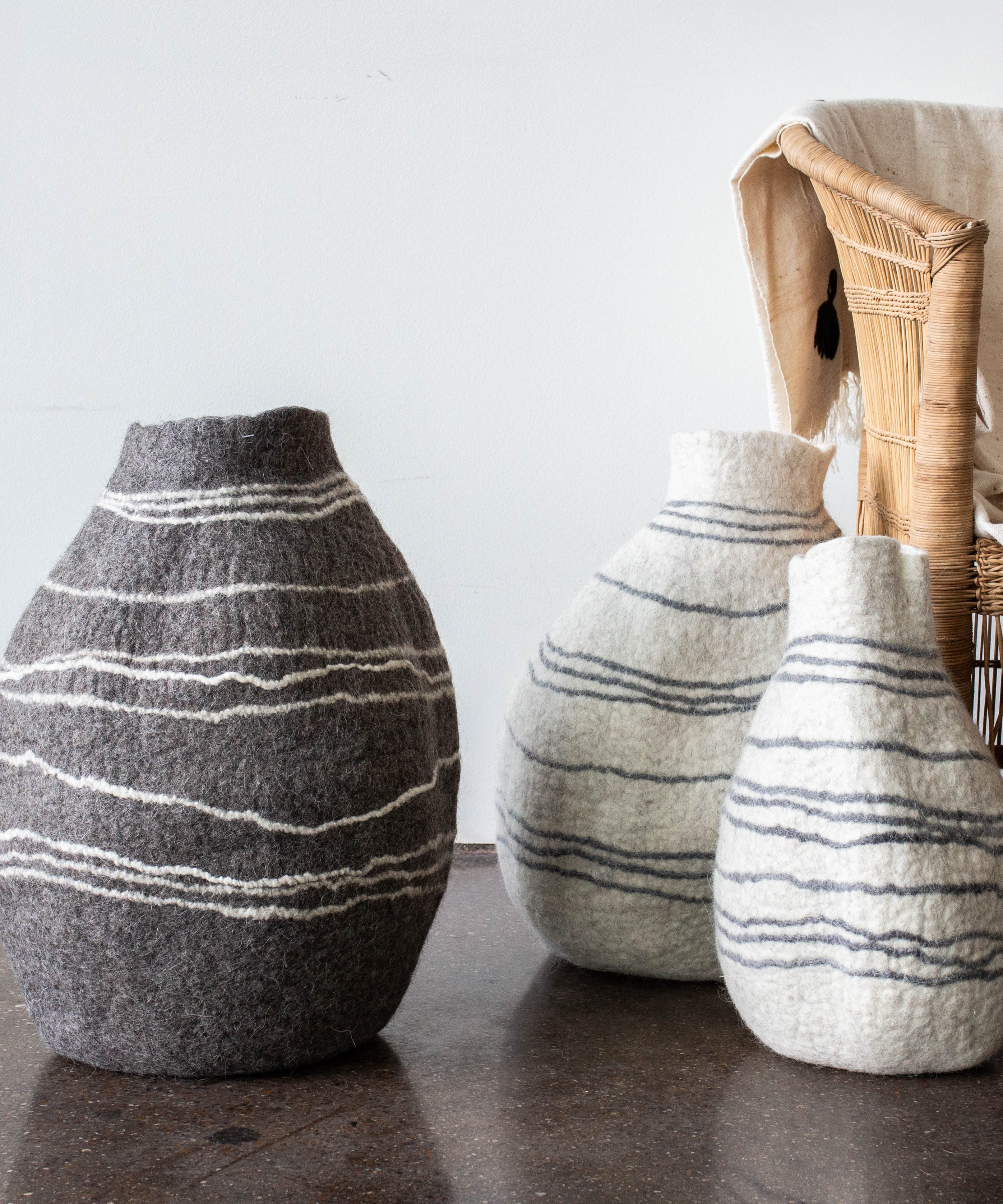 Tribal Lines Grey Hand-Felted Wool Gourd Basket