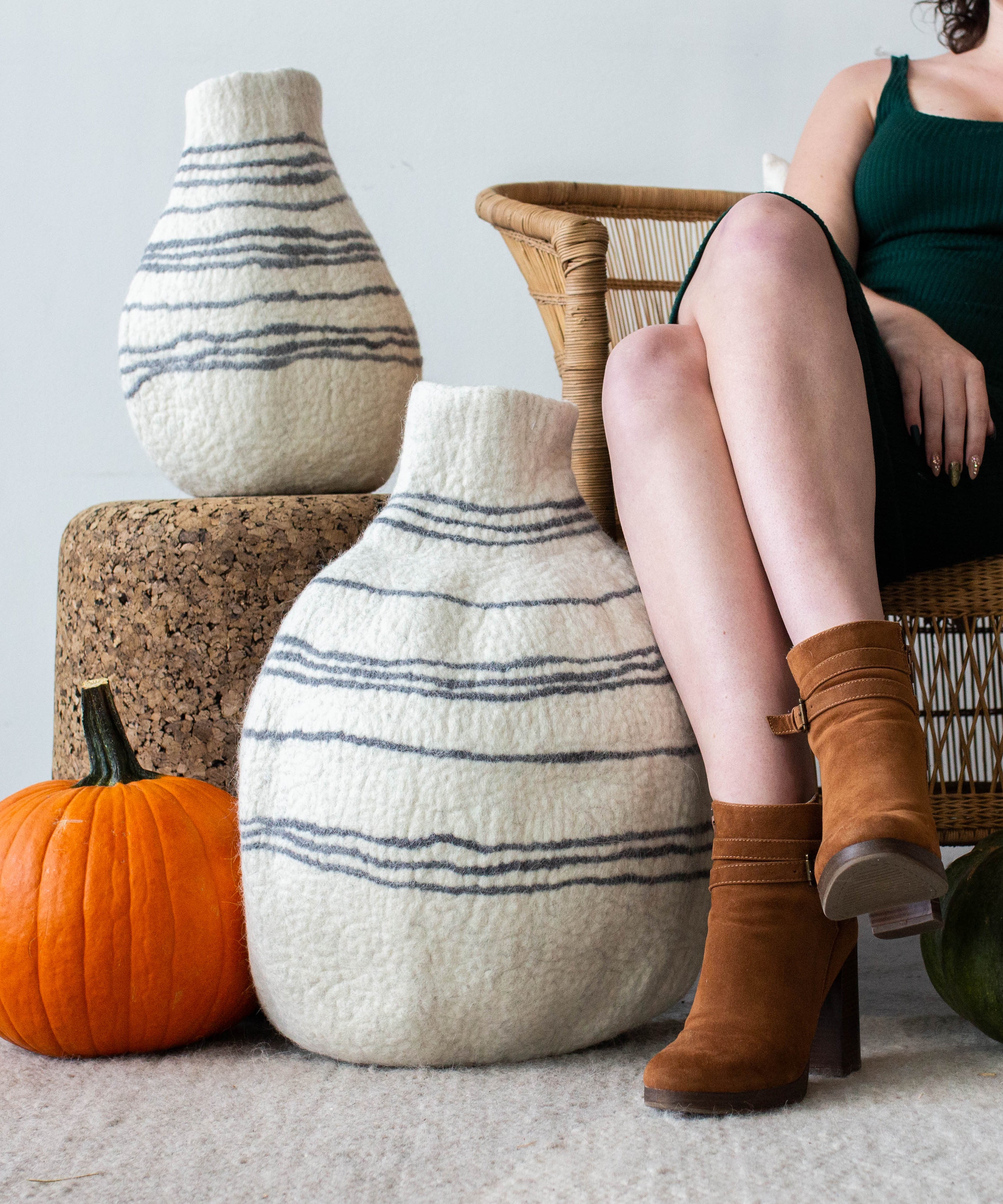Tribal Lines Hand-Felted Wool Natural White Gourd Basket