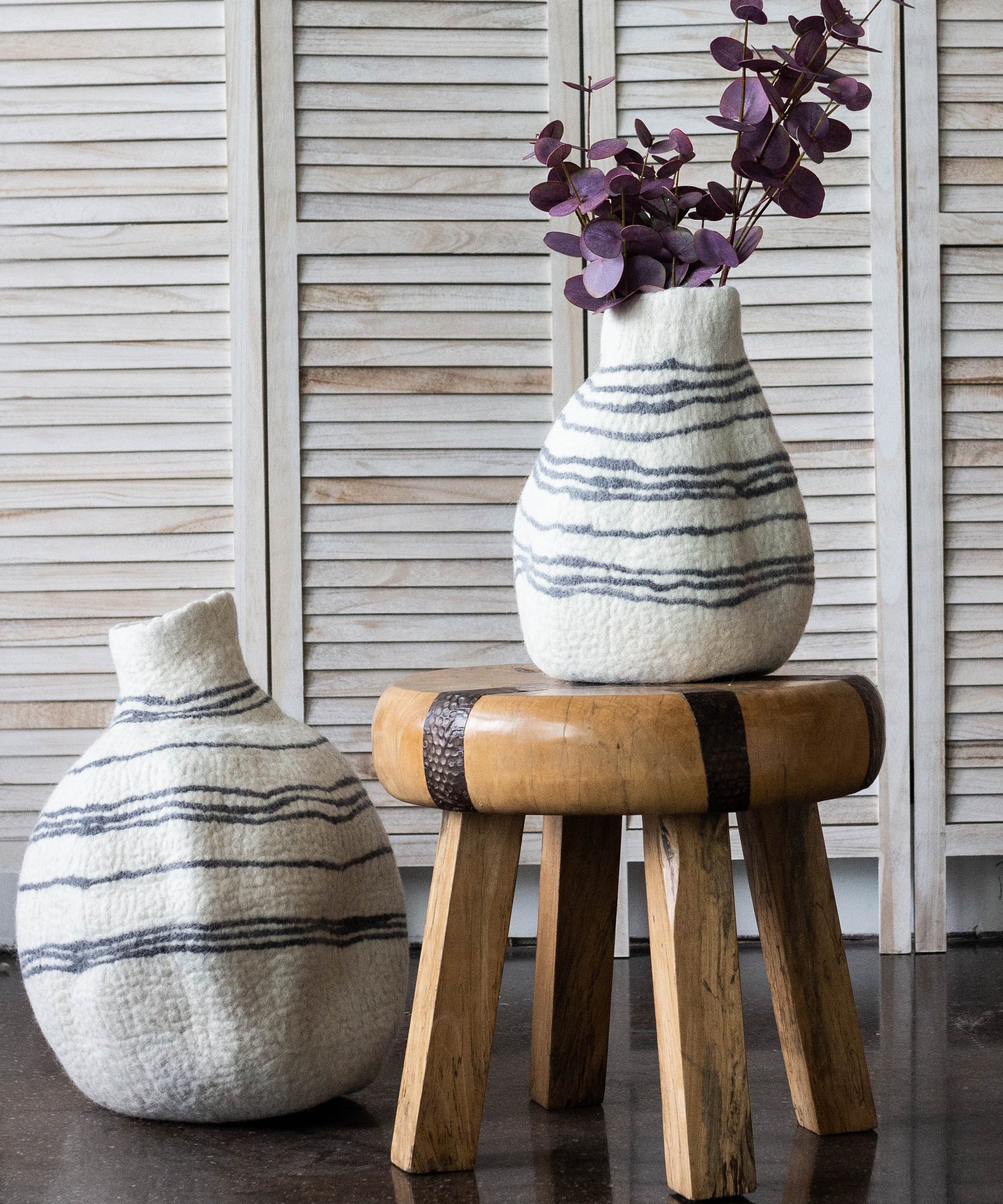 Tribal Lines Hand-Felted Wool Natural White Gourd Basket