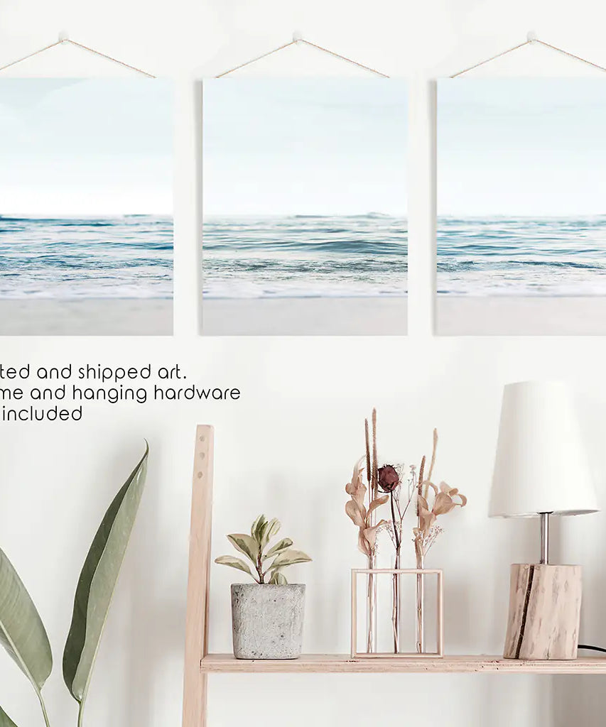 Blue Waves, Sandy Beach. Minimalist 3 Piece Wall Decor