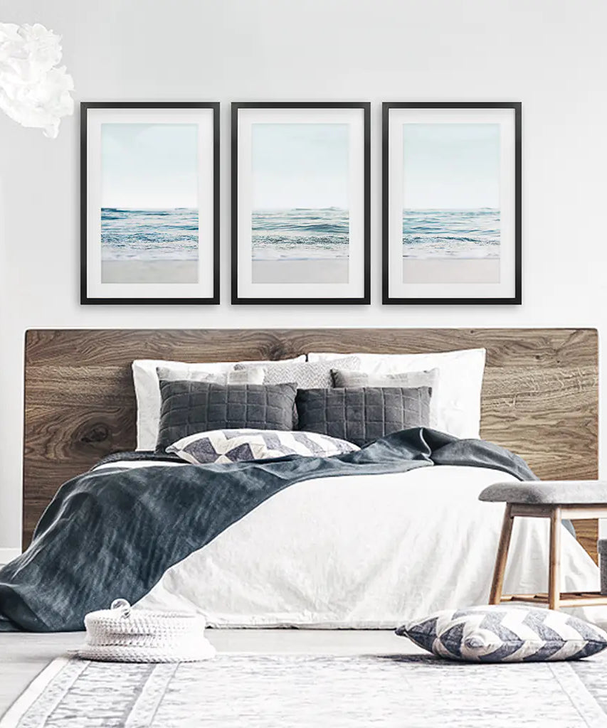 Blue Waves, Sandy Beach. Minimalist 3 Piece Wall Decor