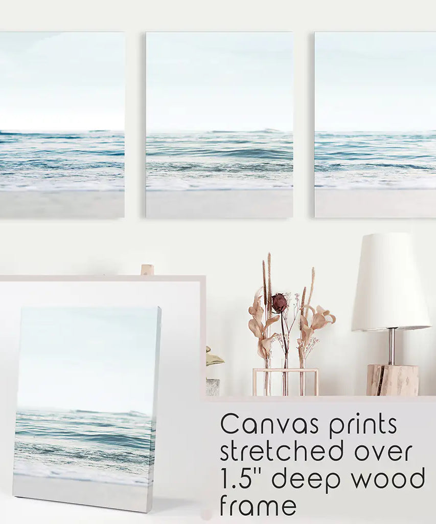 Blue Waves, Sandy Beach. Minimalist 3 Piece Wall Decor