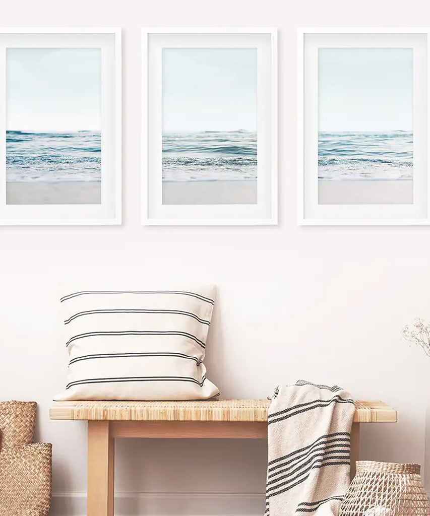 Blue Waves, Sandy Beach. Minimalist 3 Piece Wall Decor