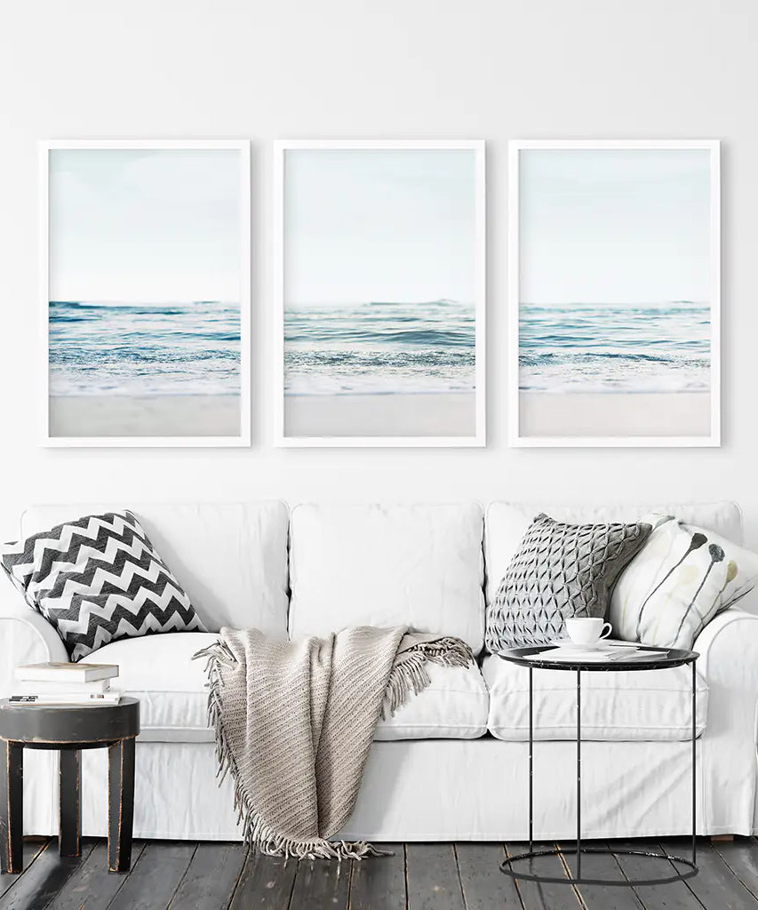 Blue Waves, Sandy Beach. Minimalist 3 Piece Wall Decor