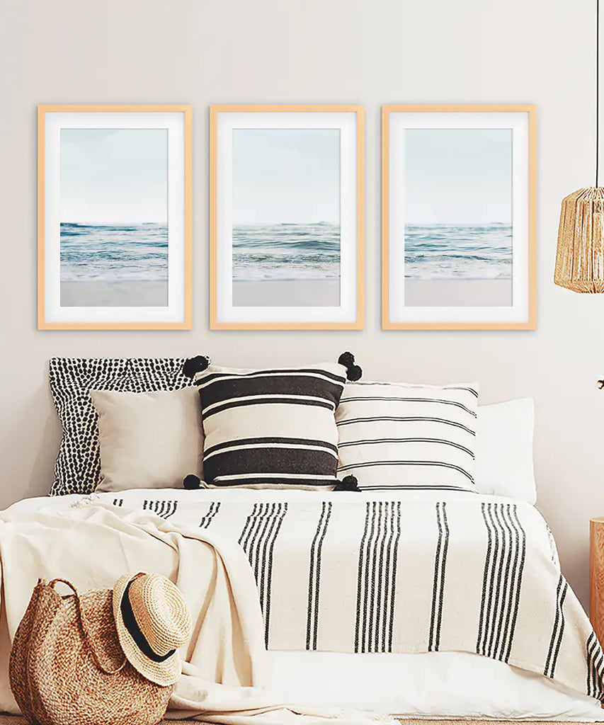 Blue Waves, Sandy Beach. Minimalist 3 Piece Wall Decor