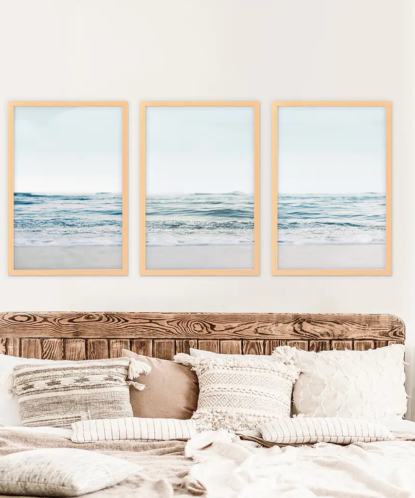 Blue Waves, Sandy Beach. Minimalist 3 Piece Wall Decor