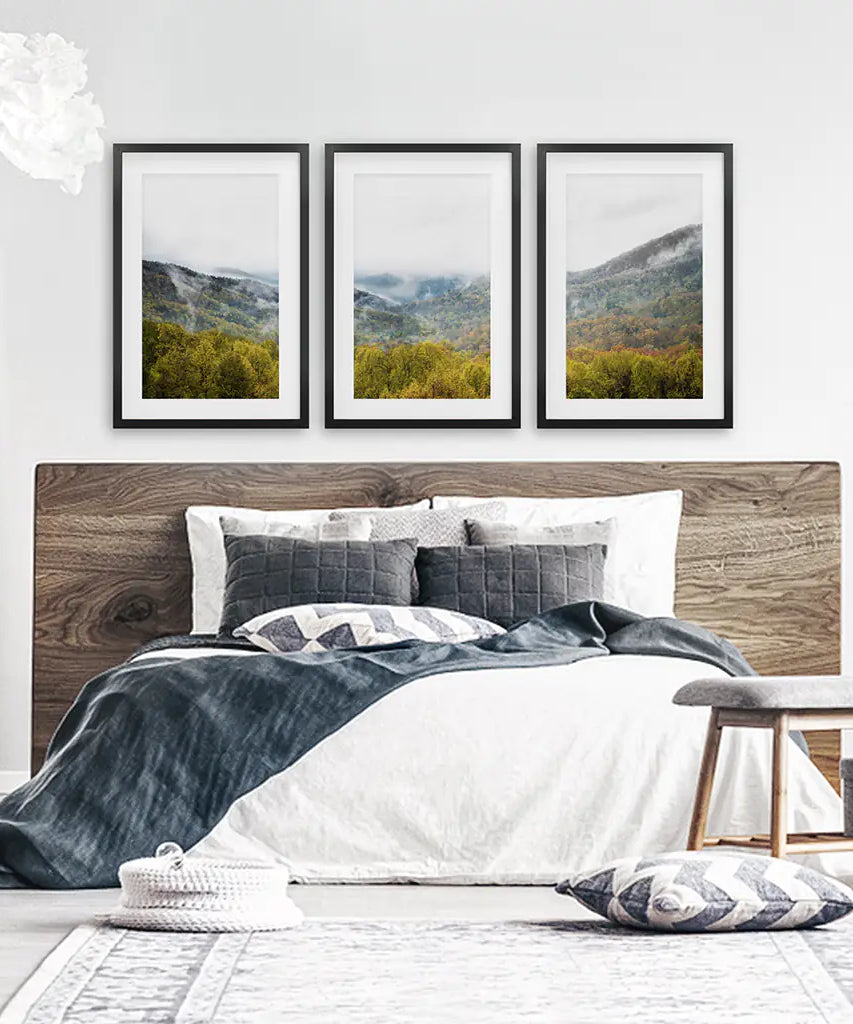 Foggy Mountains and Green Forest. Photo Triptych