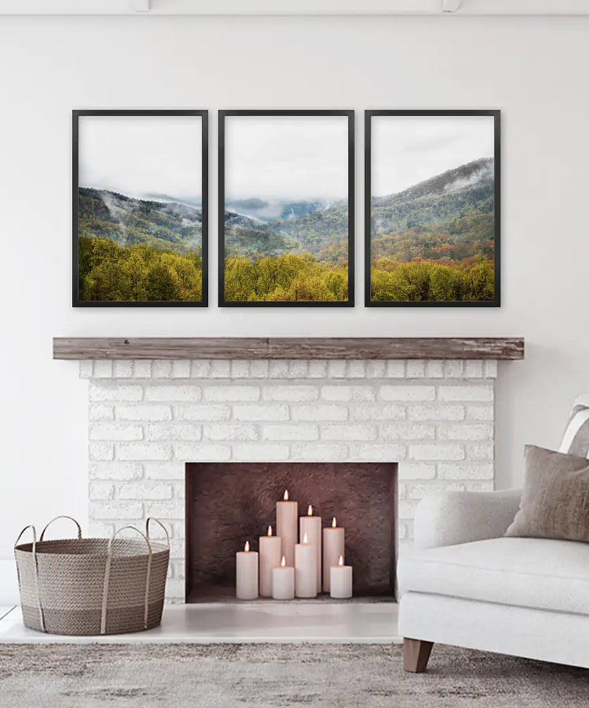 Foggy Mountains and Green Forest. Photo Triptych