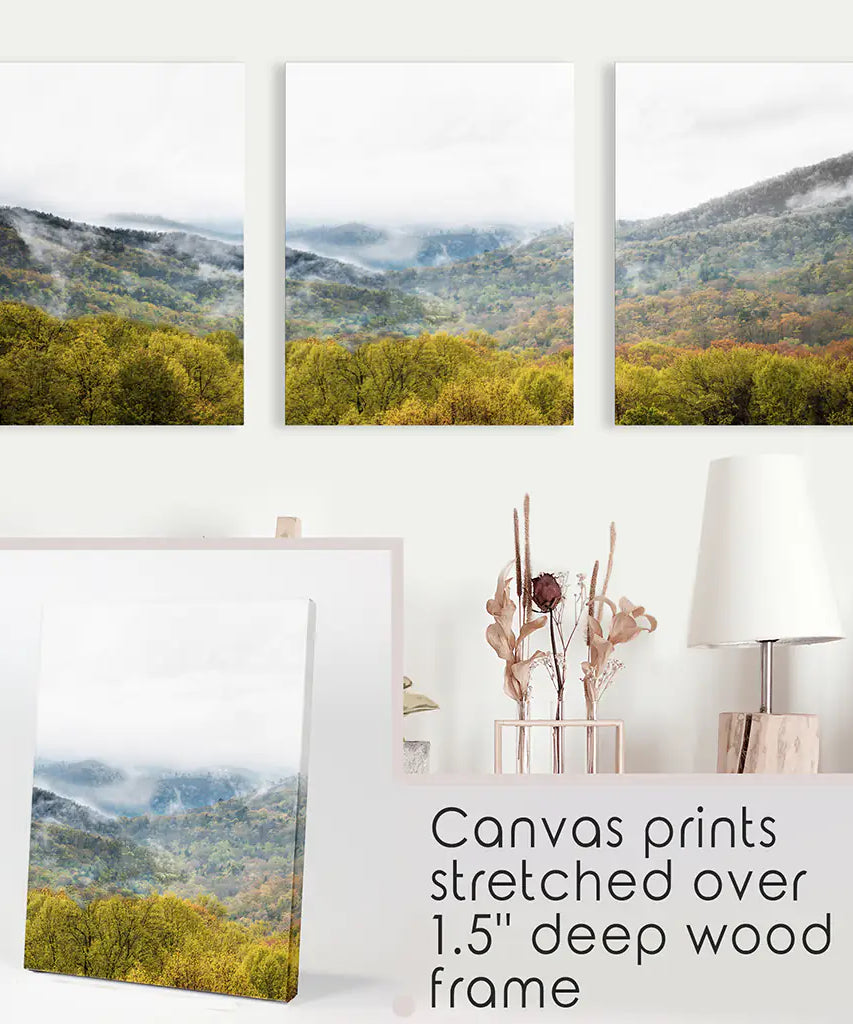 Foggy Mountains and Green Forest. Photo Triptych