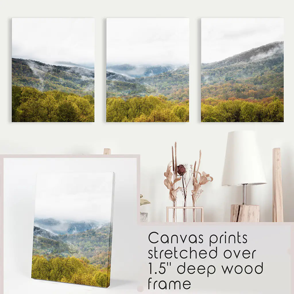 Foggy Mountains and Green Forest. Photo Triptych