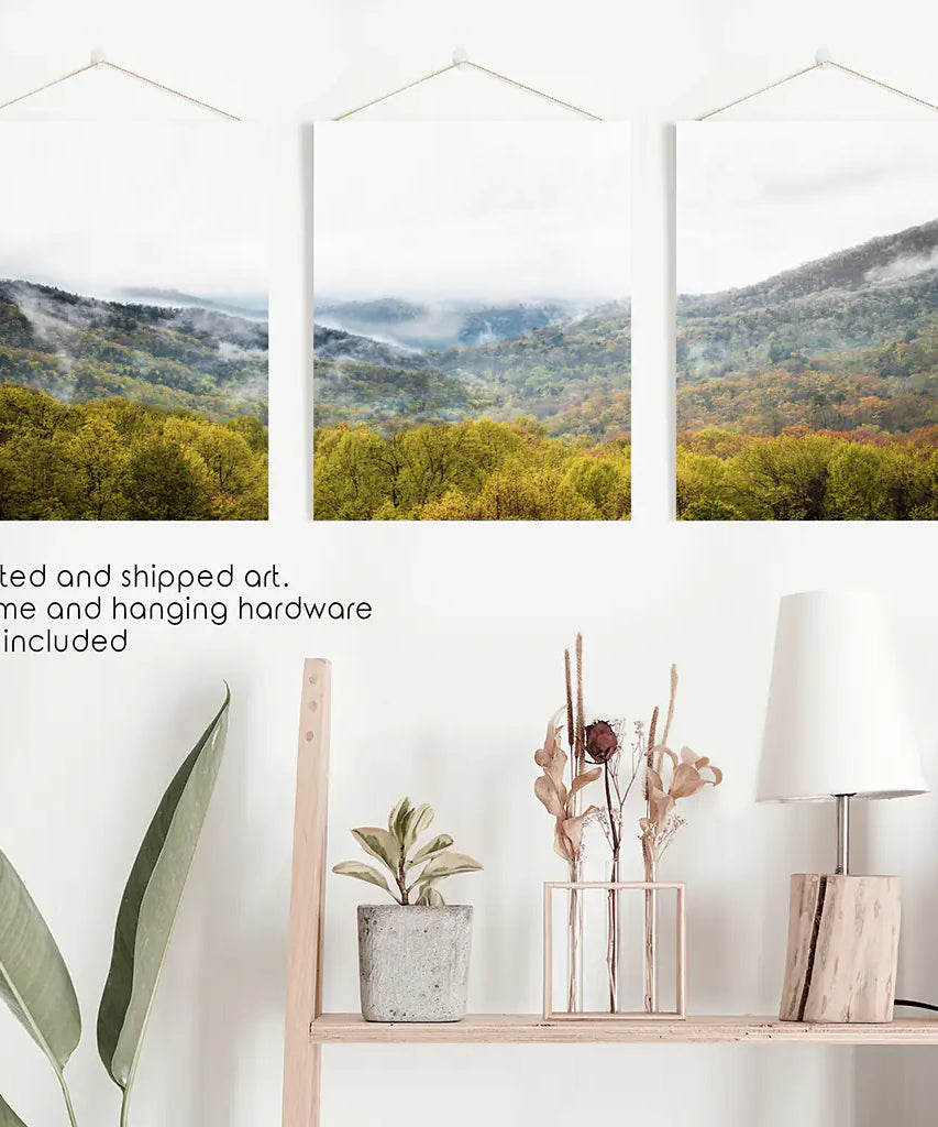 Foggy Mountains and Green Forest. Photo Triptych