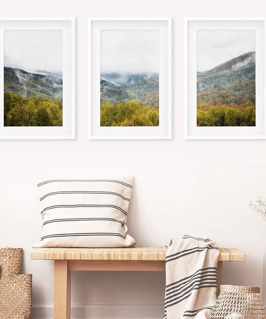 Foggy Mountains and Green Forest. Photo Triptych