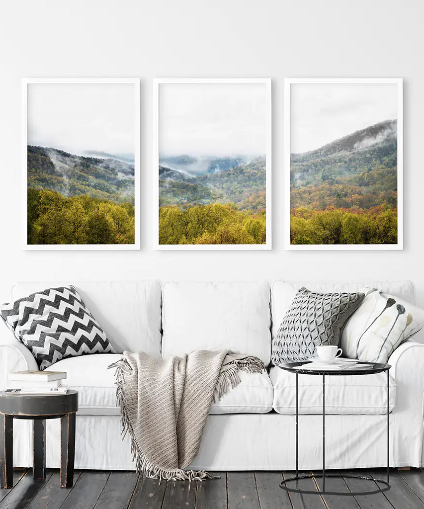 Foggy Mountains and Green Forest. Photo Triptych