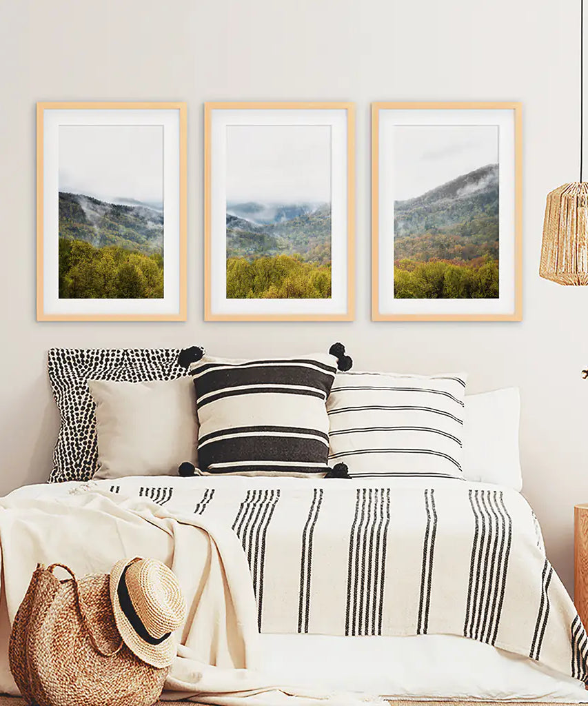 Foggy Mountains and Green Forest. Photo Triptych
