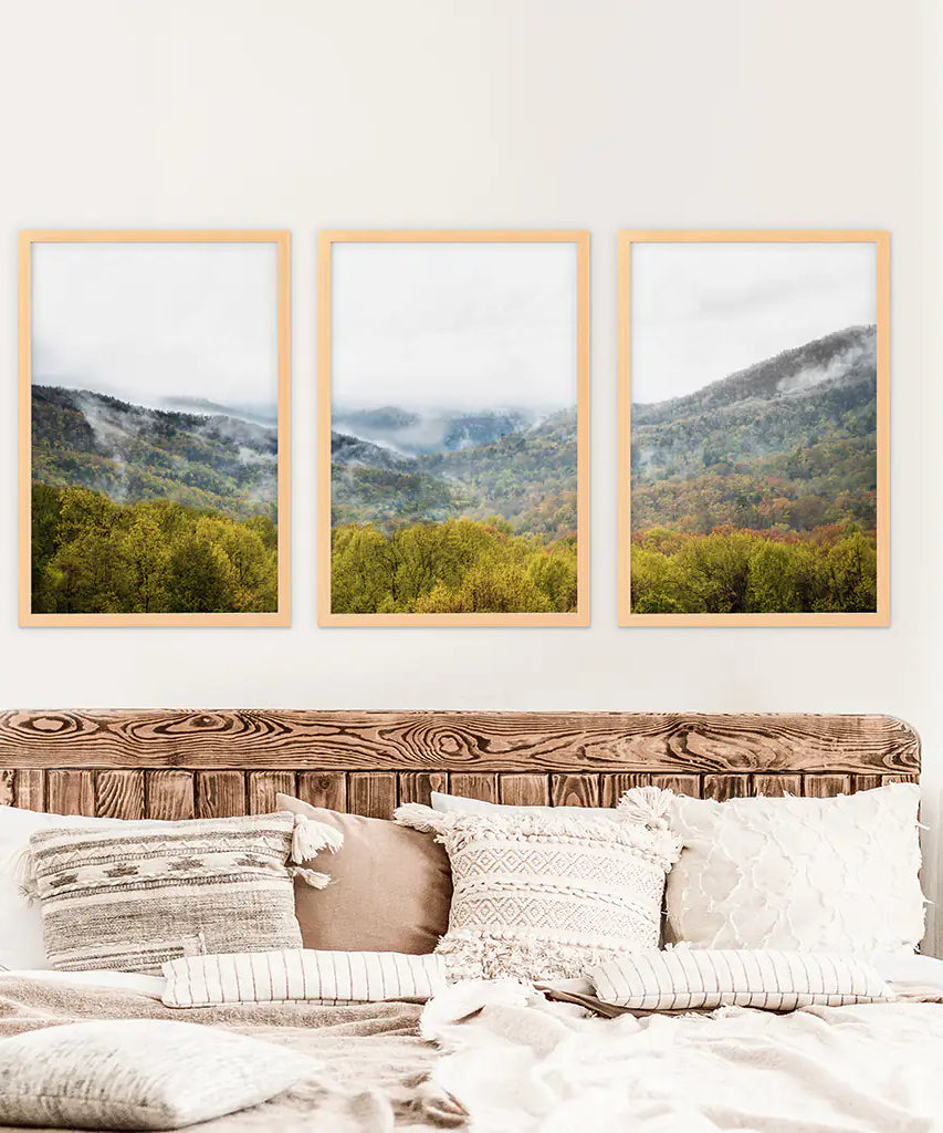 Foggy Mountains and Green Forest. Photo Triptych