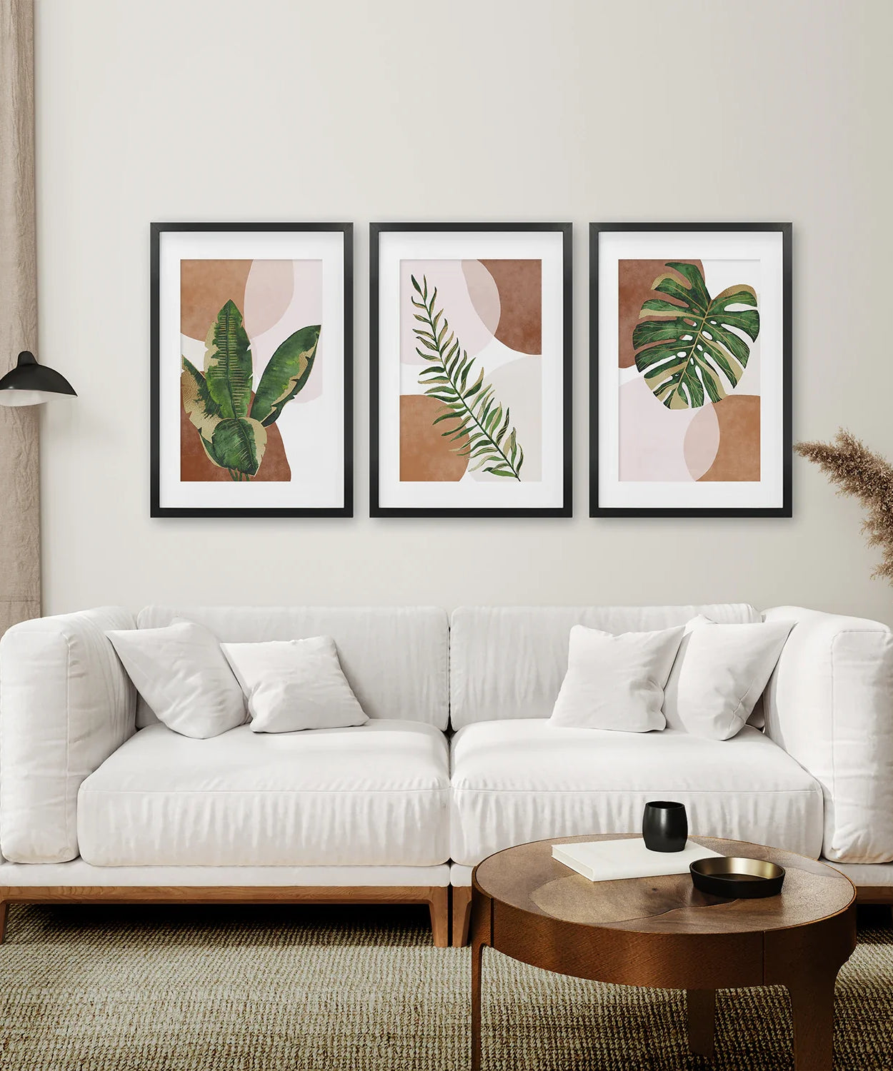 3-teilige Terrakotta Boho Wandkunst. Grüne tropische Blätter
