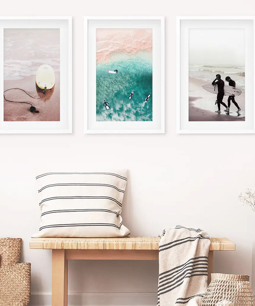 Kalifornien Surfing Vibe. Beige Türkis Küsten-Bilder Set