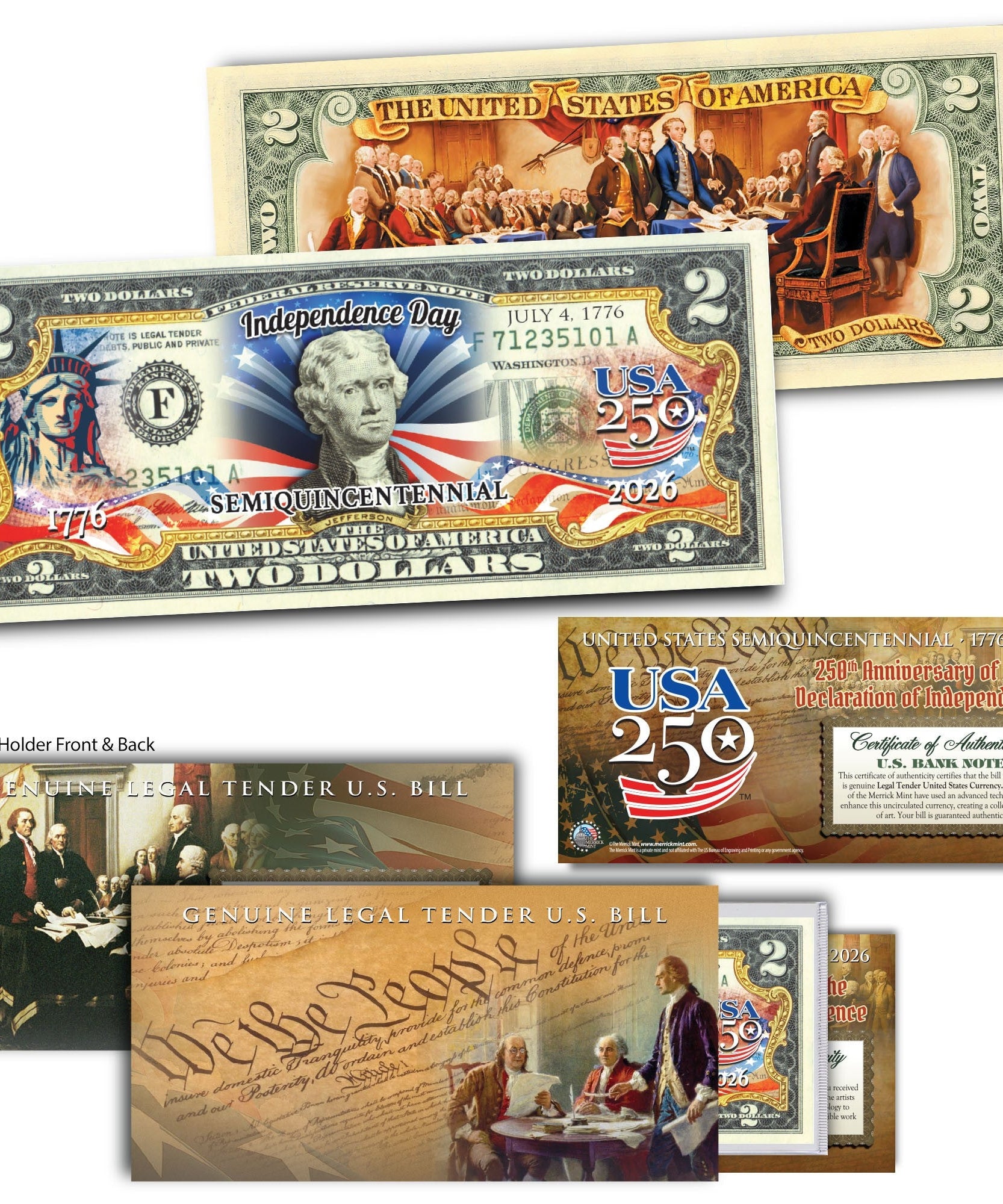Amerikas 250. Jubiläum 2-Dollar-Schein | Unabhängigkeitstag zweiseitig