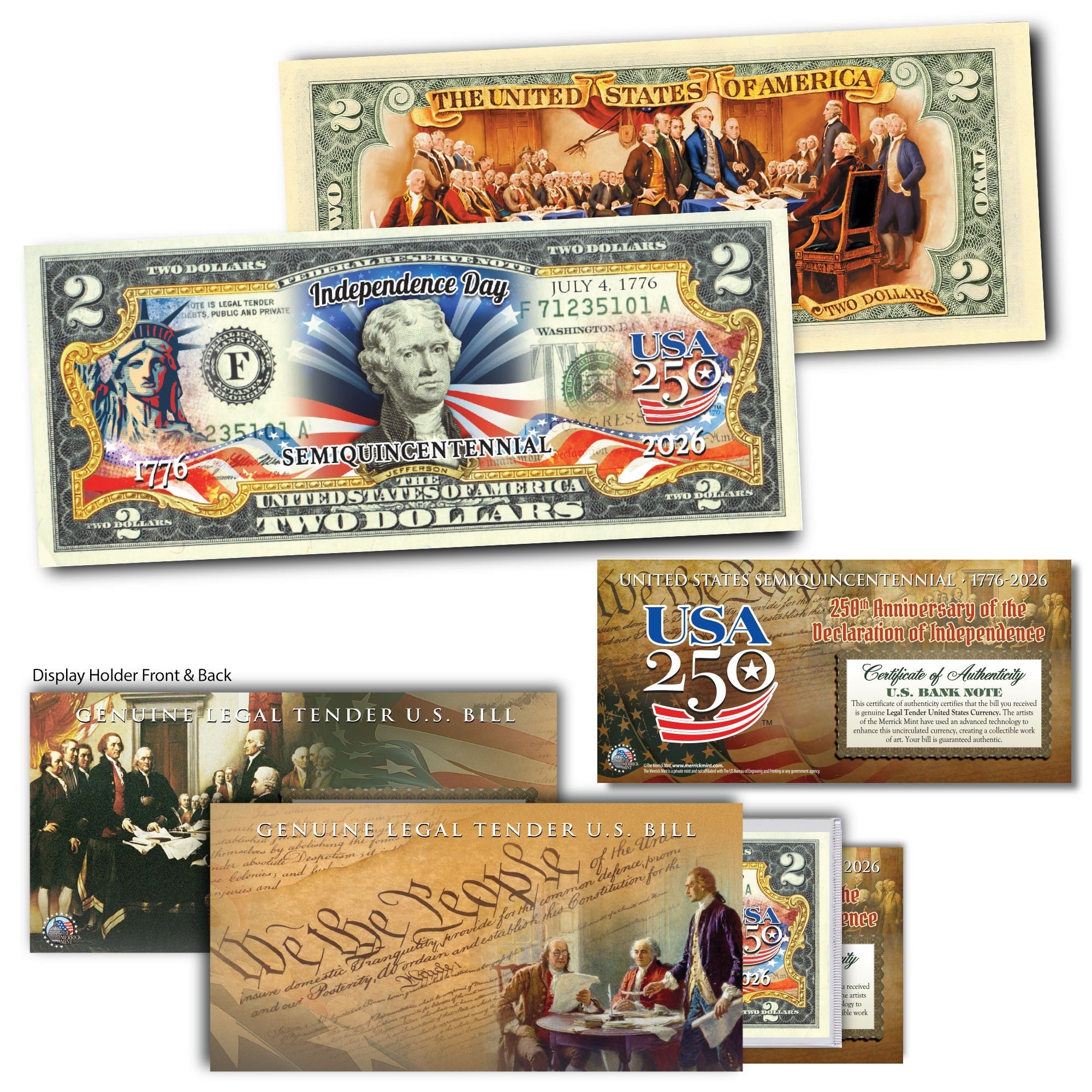 Amerikas 250. Jubiläum 2-Dollar-Schein | Unabhängigkeitstag zweiseitig
