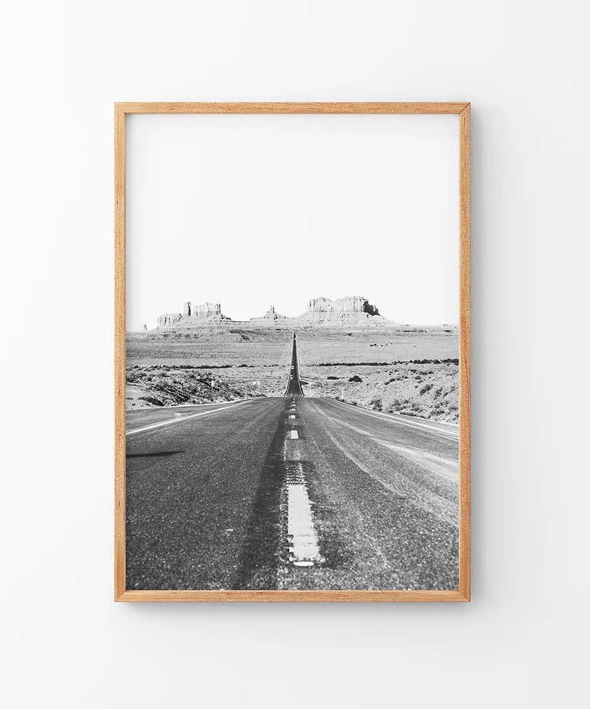 Utah Reise Schwarz-Weiß Wandkunstdruck. Wüstenstraße