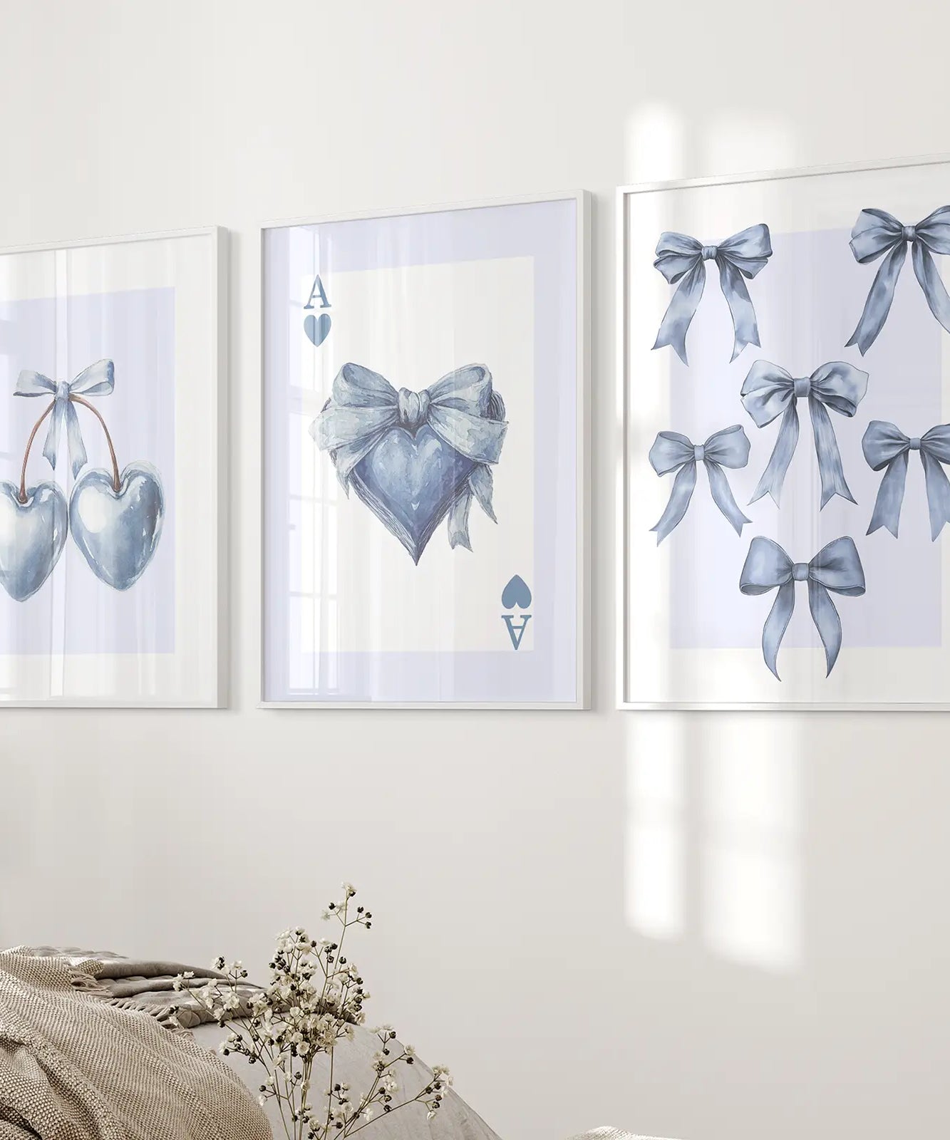 Blue Coquette Bows Wall Art Set of 3 Prints Decor