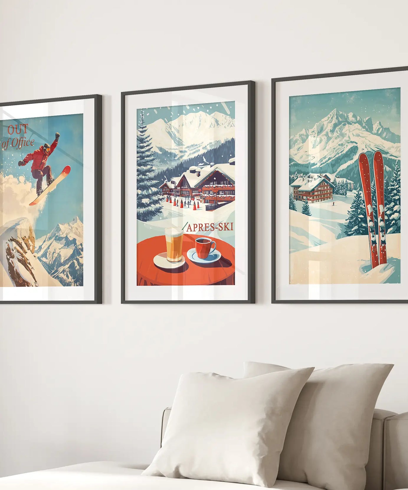 Ski Lodge Set of 3 Prints: Retro Snowboard, Après Ski Art