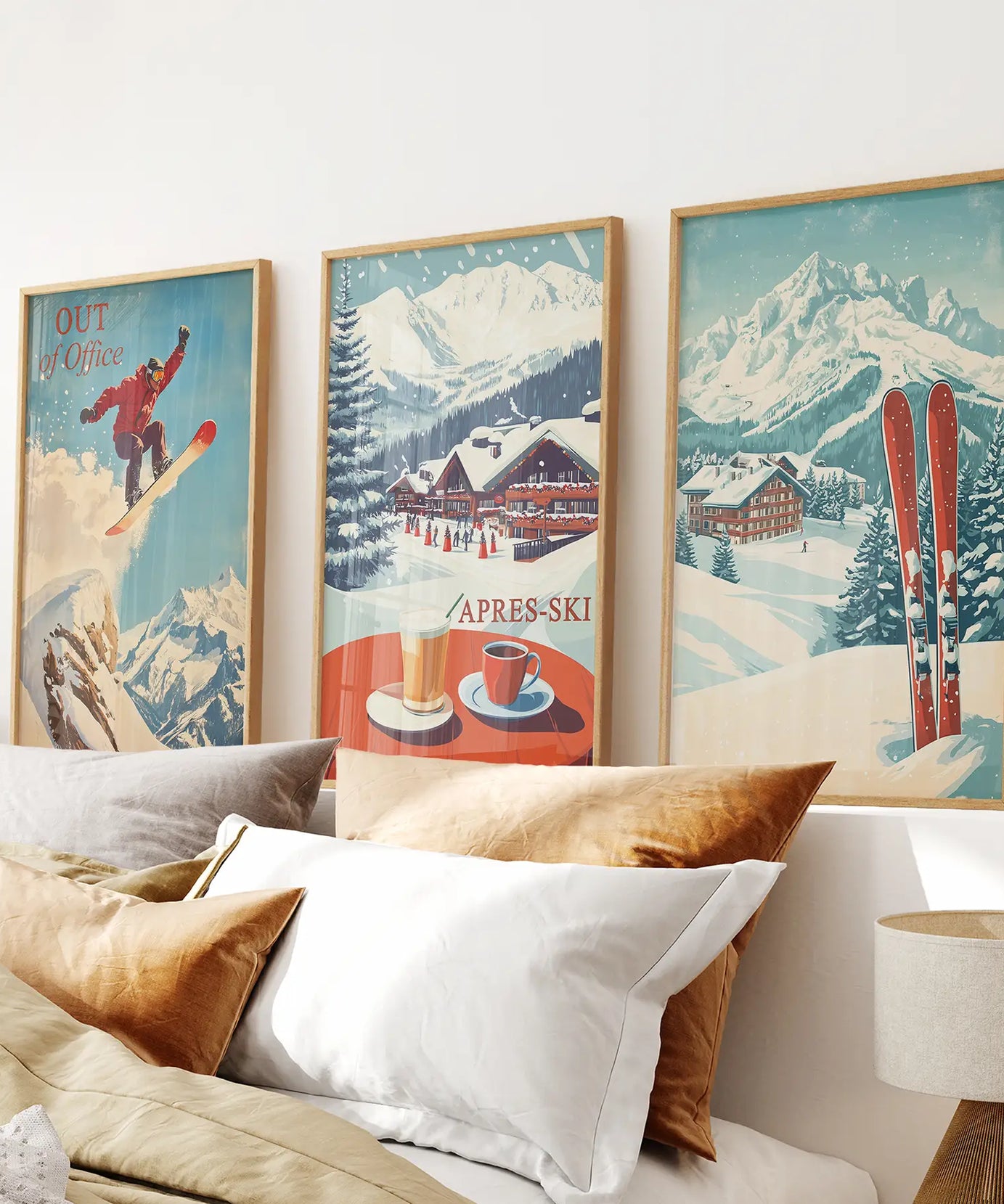 Ski Lodge Set of 3 Prints: Retro Snowboard, Après Ski Art