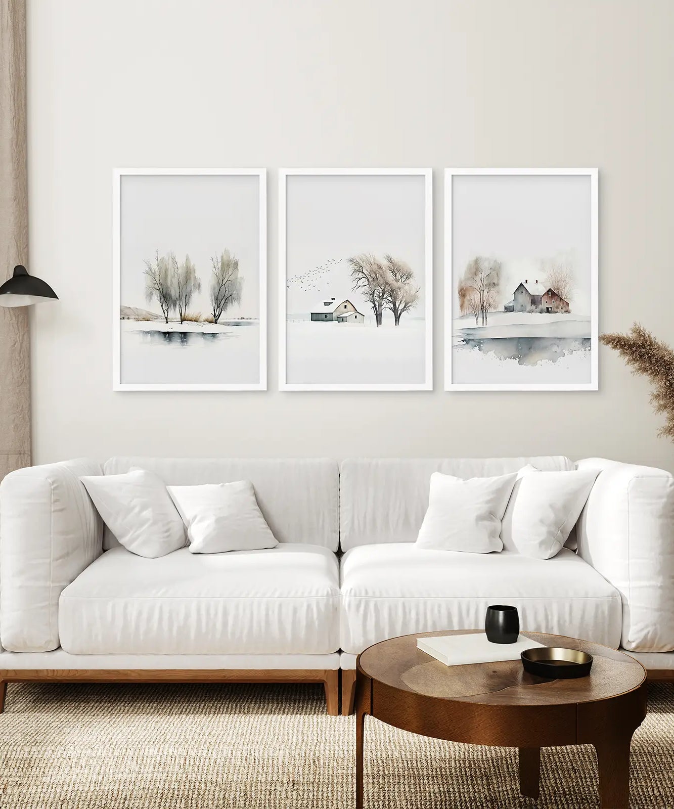 Winter Bauernhof Baum Aquarell Wandkunst Poster Set