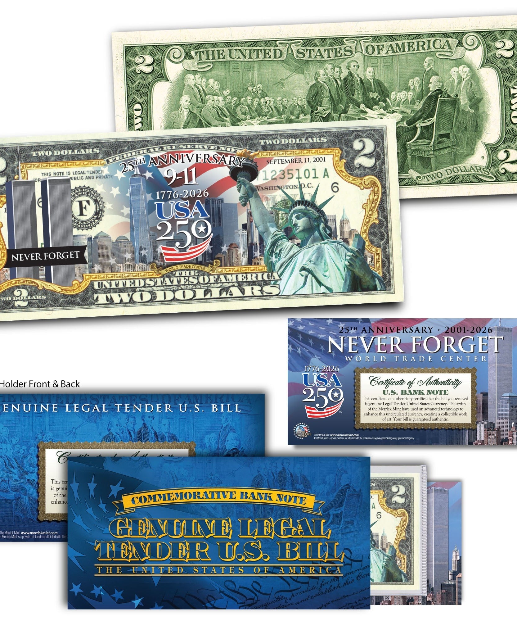 Gedenk-2-Dollar-Schein zum 25. Jahrestag von 9/11 + 250. Jahrestag Amerikas