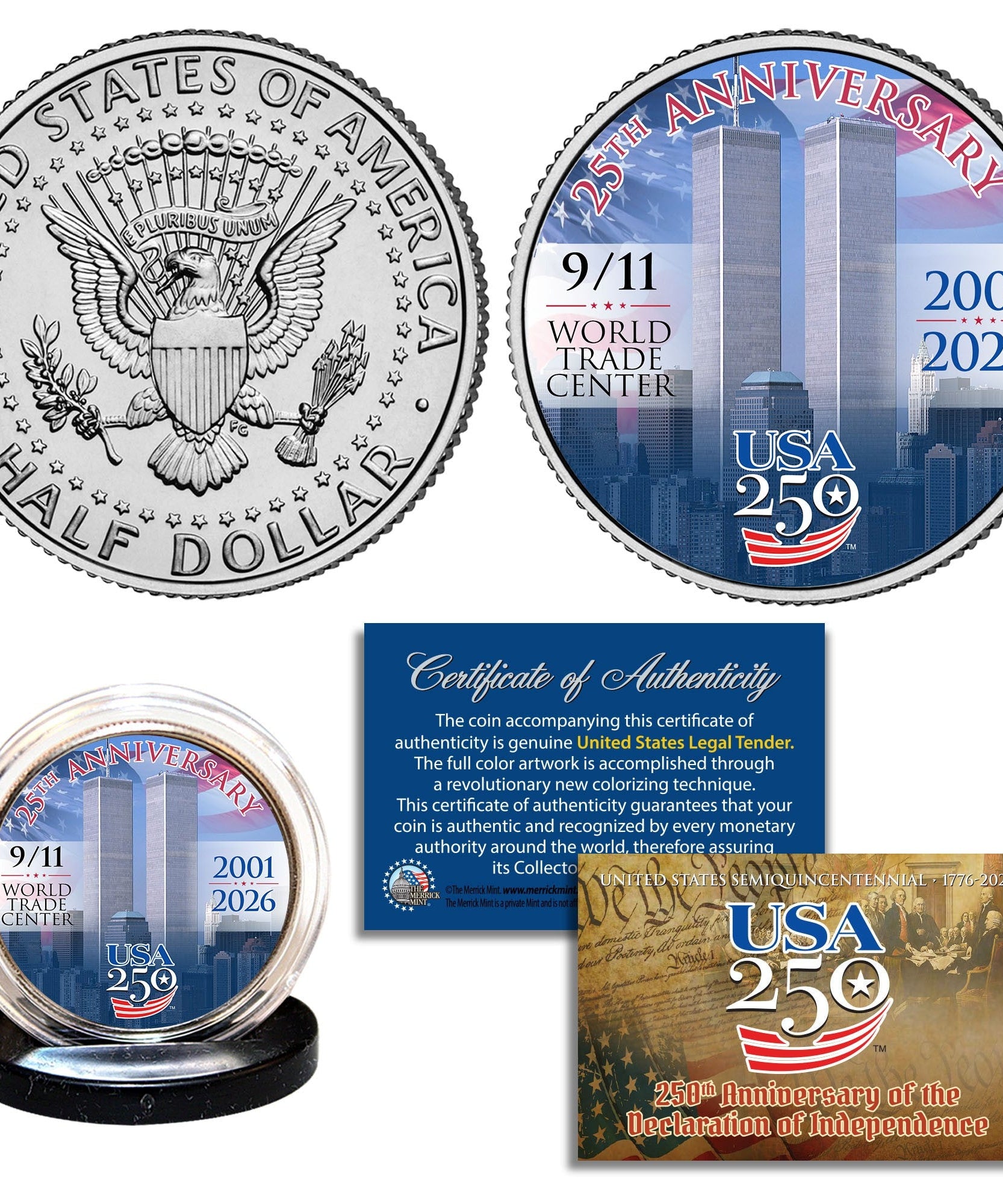25. Jahrestag des 11. September + 250. Jahrestag Amerikas Gedenkmünze JFK Half Dollar