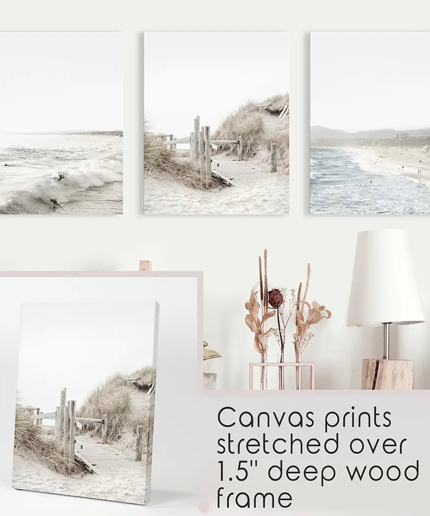 3 Piece Coastal Landscape. Waves, Surfers, Beach Pathway