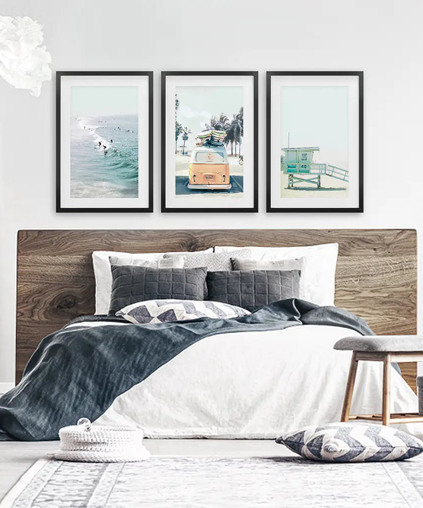 California Wall Art. Surfers on the Waves, Yellow Van, Lifeguard