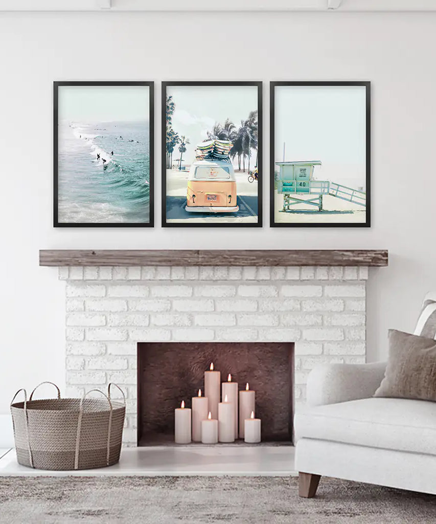 California Wall Art. Surfers on the Waves, Yellow Van, Lifeguard