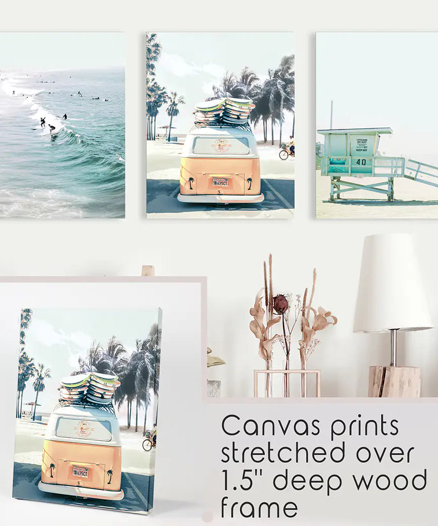 California Wall Art. Surfers on the Waves, Yellow Van, Lifeguard