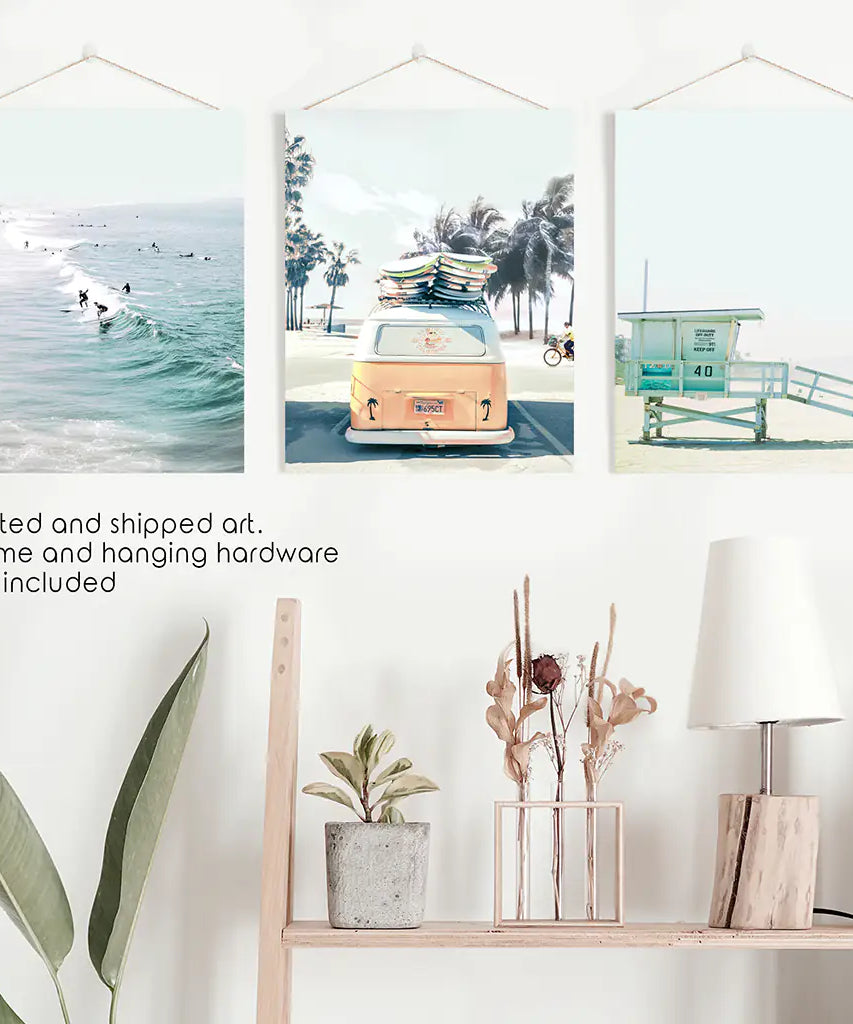California Wall Art. Surfers on the Waves, Yellow Van, Lifeguard