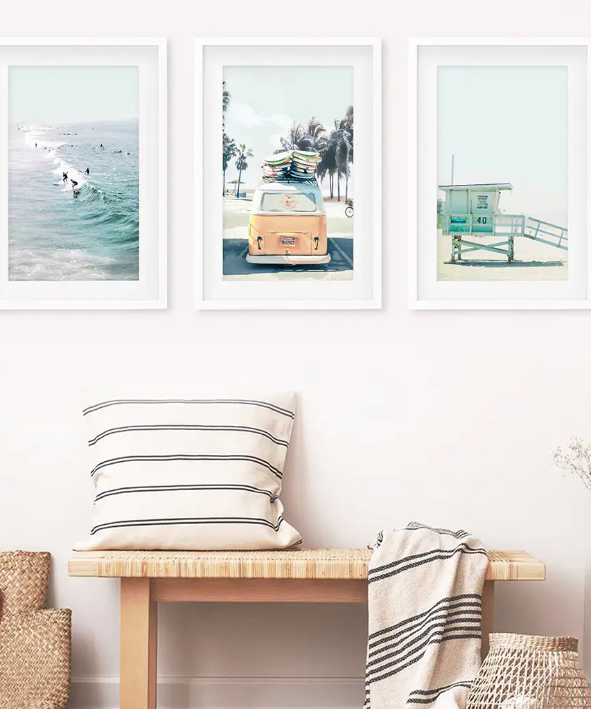 California Wall Art. Surfers on the Waves, Yellow Van, Lifeguard