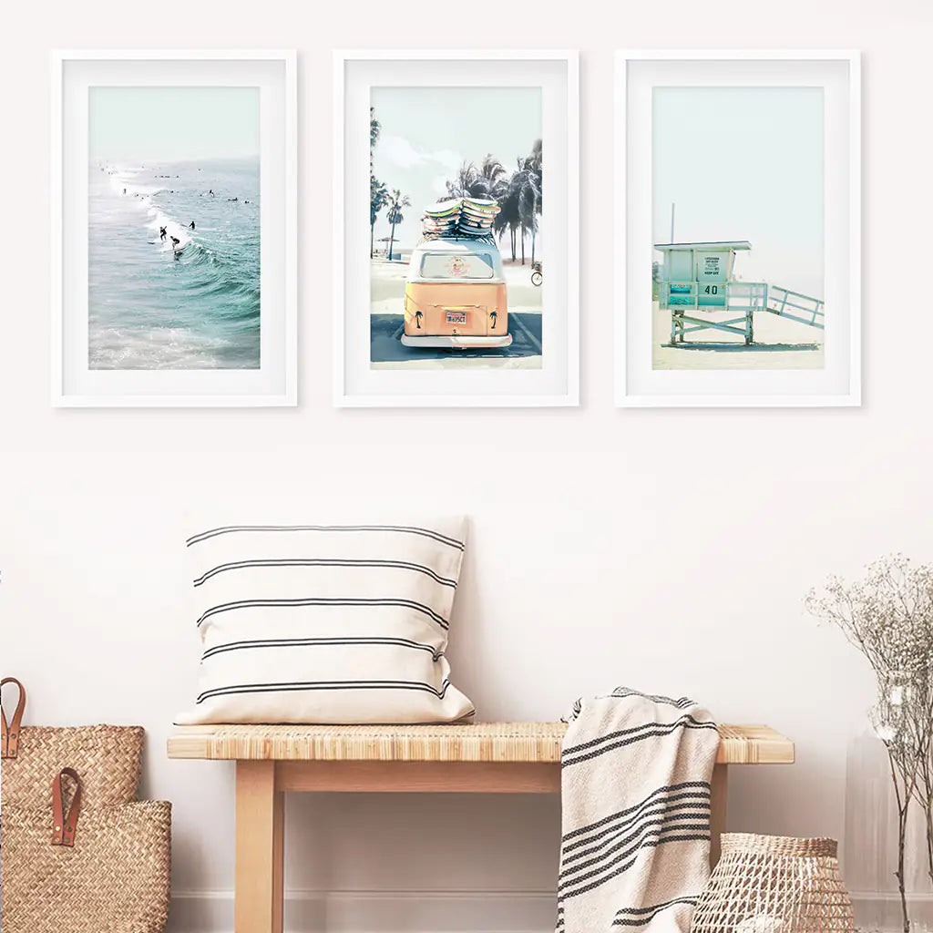 California Wall Art. Surfers on the Waves, Yellow Van, Lifeguard