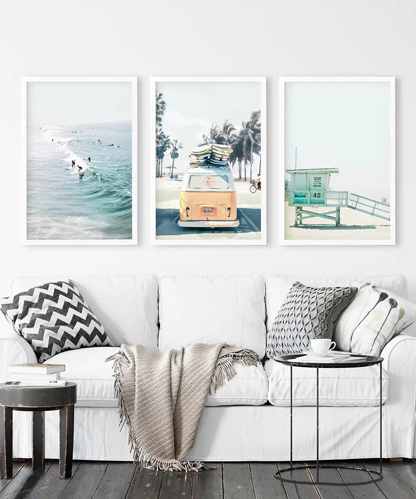 California Wall Art. Surfers on the Waves, Yellow Van, Lifeguard