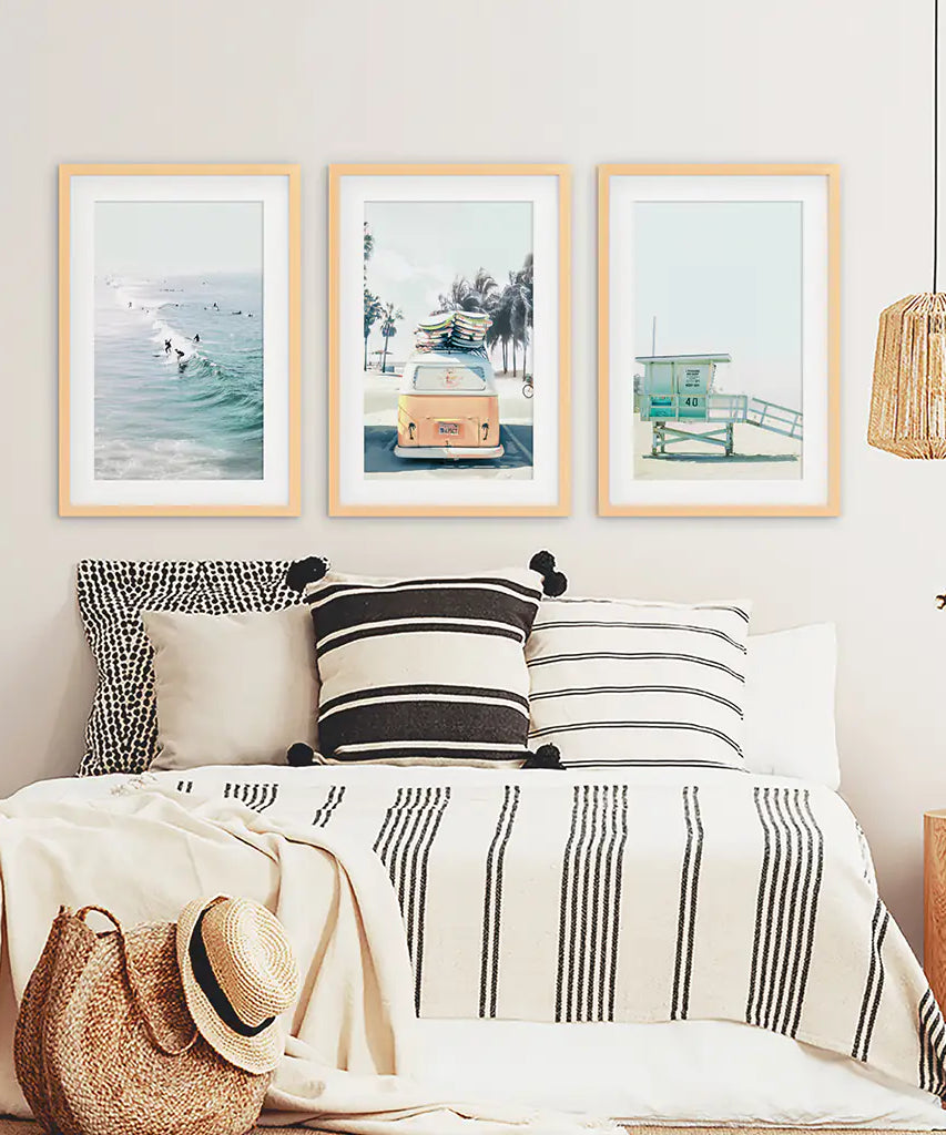 California Wall Art. Surfers on the Waves, Yellow Van, Lifeguard