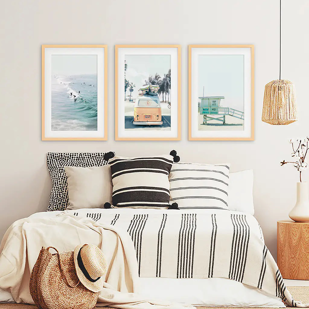 California Wall Art. Surfers on the Waves, Yellow Van, Lifeguard