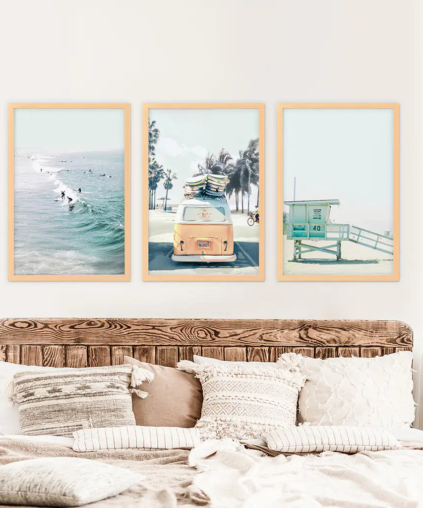 California Wall Art. Surfers on the Waves, Yellow Van, Lifeguard